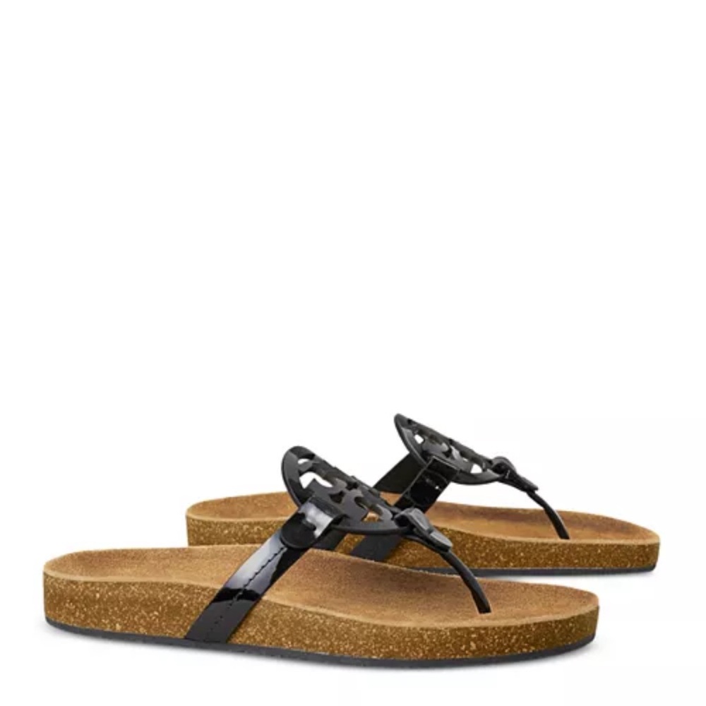 Tory Burch black/natural Miller Cloud patent leather/cork sandals w/ box & bag